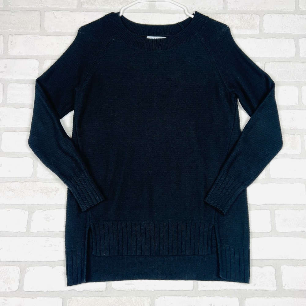 Old‎ Navy XS Black Crew Neck Sweater Cotton Blend High Low Hem Raglan Sleeve